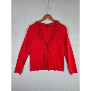 Jones Wear Cardigan Women's Large Apple Red Holiday Ruffle Open Front